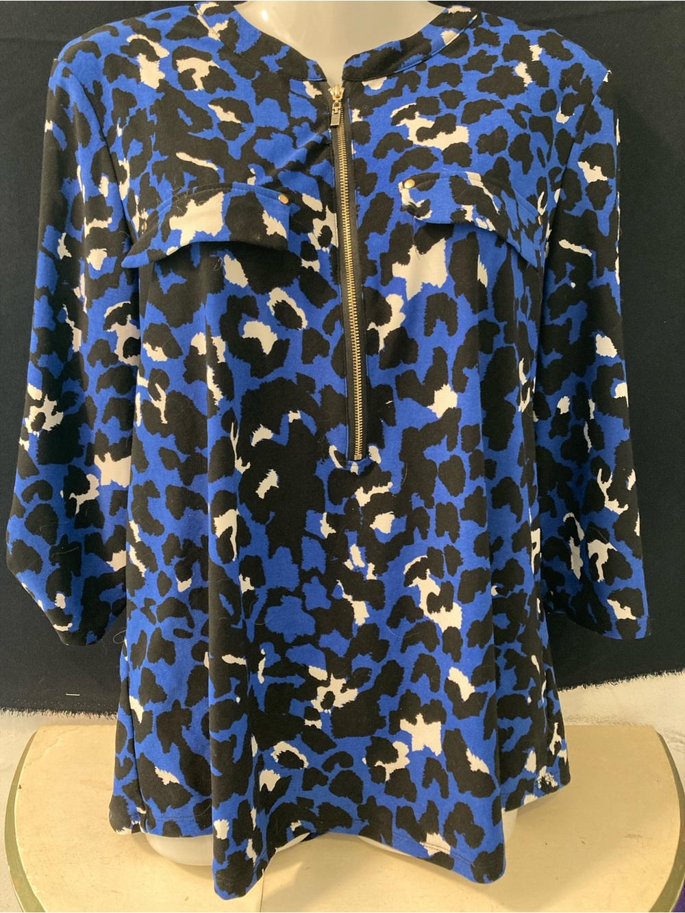 INC International Concepts Blue Black Animal Print Zip Front Blouse
Top